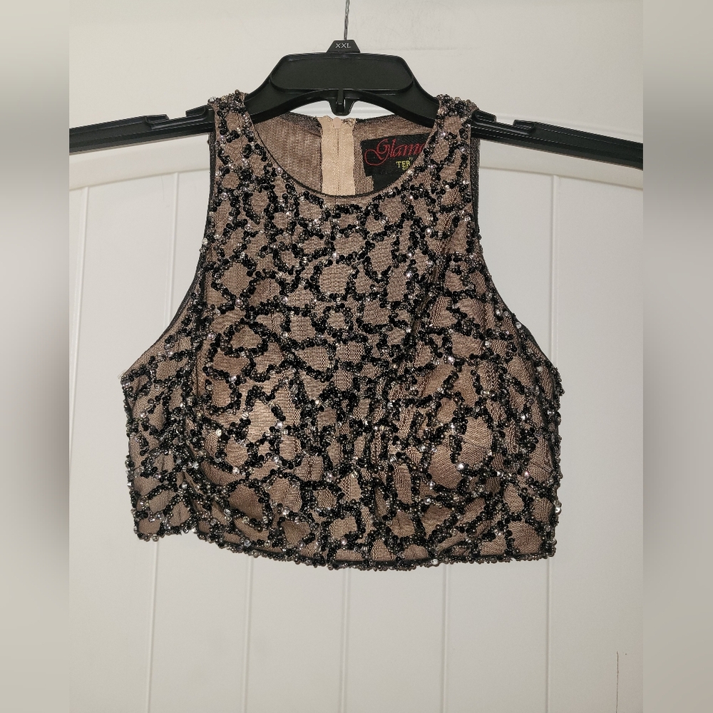 Glamour by terani couture beaded beige crop top women's size xs or 0